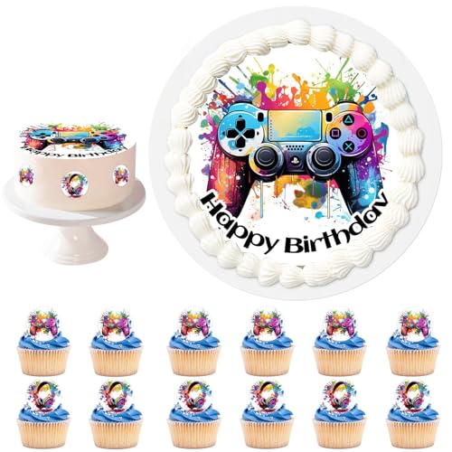 Decoración para Tartas de Cumpleaños,Infantiles en Disco de Oblea de Gamer,con Papel Comestible Motivo Gamer Ø 20CM,12 Cupcake Topper,Disco de Oblea Comestible para Tarta