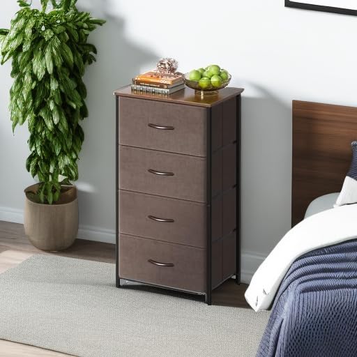 Image of AODK Dresser for Bedroom with 4 Storage Drawers, Small Dressers Chest of Drawers Fabric Dressers with Sturdy Steel Frame, Dresser for Closet with Wood Top, Brown