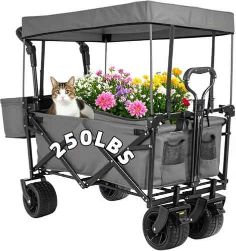 Image of AthLike Extra Large Collapsible Wagon w/Removable Canopy, 250lbs/262L Capacity Foldable Garden Cart w/Rear Storage, Heavy Duty Push&Pull Utility Camping Beach Stroller w/Big Wheel&Adjustable Handles