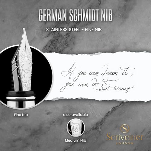 Image of Scriveiner Stainless Steel Fountain Pen - Stunning Luxury Pen with Steel Finish, Schmidt Steel Nib (Fine), Best Pen Gift Set for Men & Women, Professional, Executive Office, Nice Designer Pens