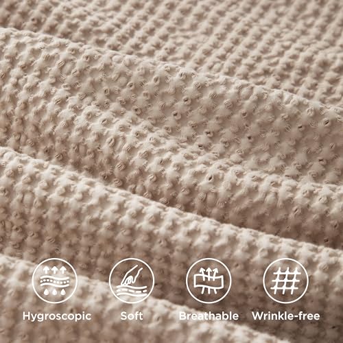 Image of Bedsure 100% Cotton Waffle Duvet Cover Set with Fitted Sheet, Queen, Khaki | Waffle Texture, Breathable, Skin-Friendly, OEKO-TEX Certified, Good Housekeeping Seal, All-Season, Machine Washable