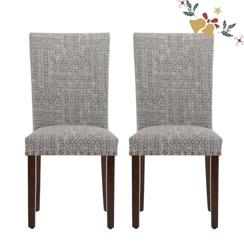 Image of Parsons Dining Chairs Set of 2, Upholstered Nailhead Dining Room Kitchen Side Chair with Thick Cushions and Wood Legs, Black /White