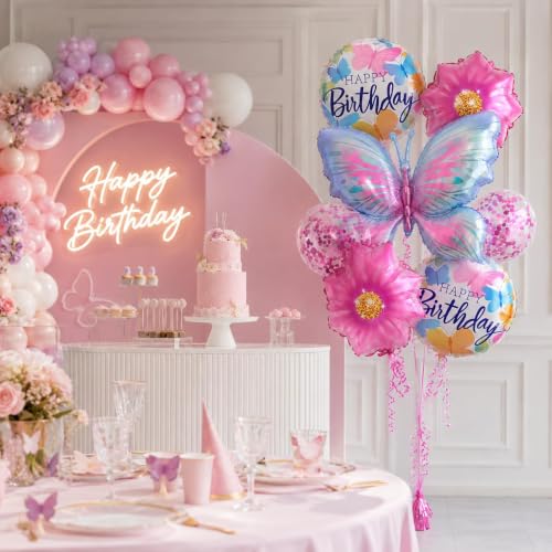 Image of AMFIN (Pack of 7) Large Butterfly Foil Balloons 34 Inch Gradient Birthday Party Decorations | Helium & Air Compatible - Pink