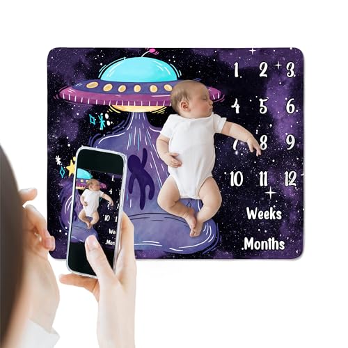 Image of UFO Baby Monthly Milestone Blanket, 48x48in Soft Flannel, Alien Round Spaceship, Newborn Mom Gifts, Baby Shower Age Growth Tracker with Bonus Maker (Purple, 48x48in)