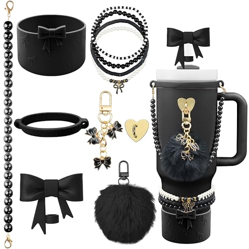 Hpebl 11PCS Black of Stanley Cup Accessories 30/40 OZ Water Bottle Tumbler Accessories Set Pearl Bow Charms for Stanley Decorations Including Bow Straw Topper Pom Pom Keychain Silicone Tumbler Boot