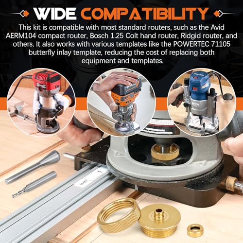 71333 Router Brass Inlay Kit with Router Bushing Guide Set, for 1/4\" Router Templates for Woodworking, Includes Centering Pin + Collar and 1/8\" x 1/4\" Shank Solid Carbide Router Bit - Thumbnail 4
