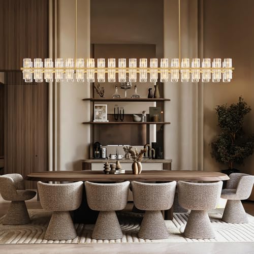 Image of Crystal Brass Rectangular Chandelier Light Fixture,72 in Dining Room Chandeliers Over Table,Modern Chandelier For Living Room,Arcachon Chandeliers,Kitchen Island Chandelier,Includes 80xG4 Bulbs