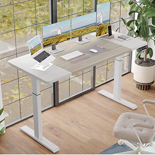 BUNOEM Height Adjustable Electric Standing Desk, 63x30 Height Stand Up Computer Desk,Sit and Stand Home Office Desk with Splice Board (White+Oak Top, White Frame)