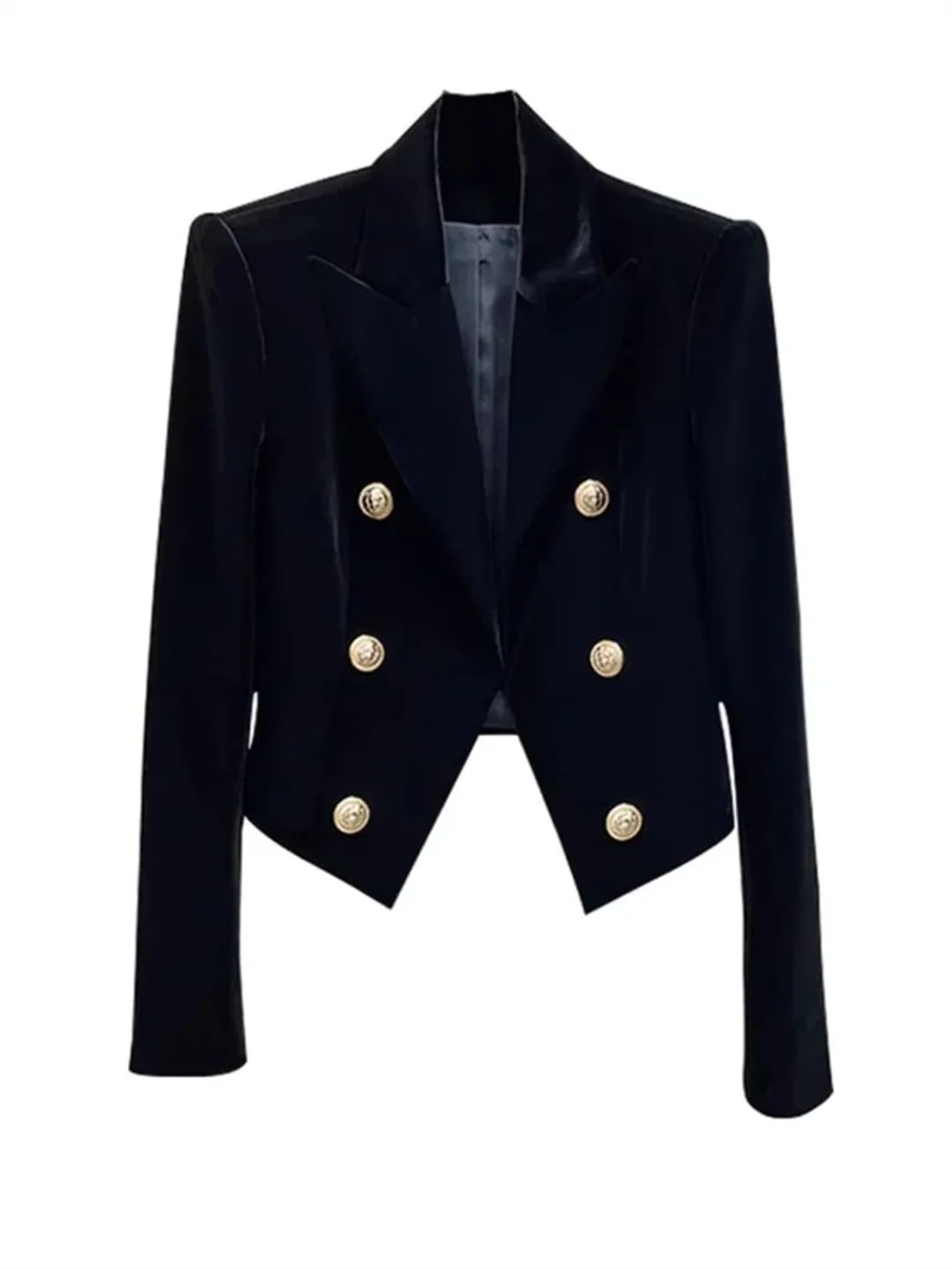 Womens Solid Color Velvet Double-Breasted Short Slim Fit Blazer