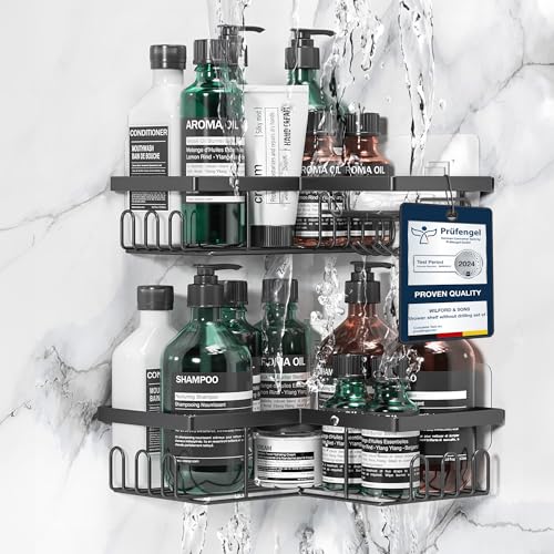W&S Esquinero Estanteria Baño Sin Taladro Lote de 2 - Rinconera Estanteria Ducha en Acero Inoxidable | 2 Estante Ducha + 2 Ganchos para Toallas | Baldas Pared Sin Agujeros, Baño & Cocina - Negro