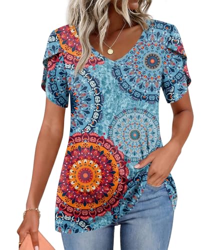 Image of CATHY 2026 Women Tops Summer Short Sleeve Tunic V Neck T-Shirts Loose Casual Floral Blouse S-4XL