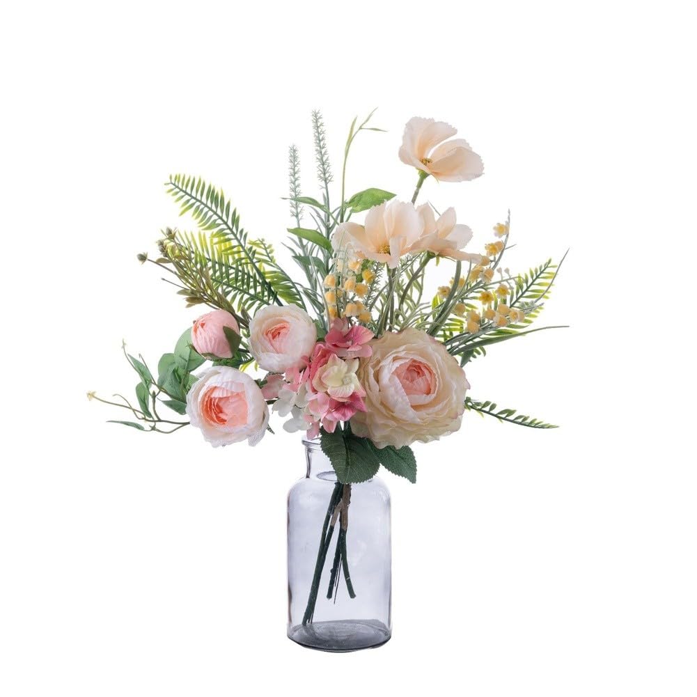 Fiori artificiali, decorazioni per matrimoni, decorazioni per la casa, rose finte, composizione floreale, pianta realistica in tessuto per centrotavola da tavolo, ufficio, 44 cm, bianco e