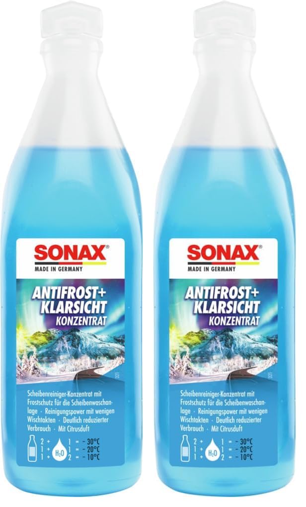 SONAX AntiFrost+KlarSicht Konzentrat (250 ml) ergibt bis zu 0,75 Liter Winter-Scheibenwaschwasser, sofort mischbereit, schlierenfrei, Antikalk-Effekt | Art-Nr. 03321000 (Packung mit 2)