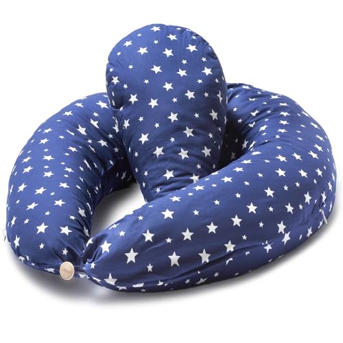 Niimo Almohada Embarazo y Cojin Lactancia Bebe + Soft Cojìn Dormir y Abrazar Funda Cojines 100% Algodon Desenfundable y Lavable (Azul - Estrella Blanca)