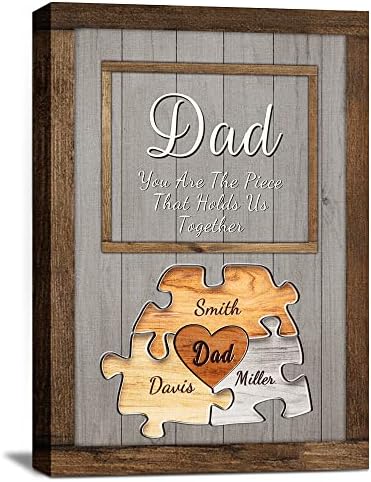 Custom Rustic Wood Puzzle Piece Sign Canvas Prints With Name, Personalized Father's Day Gifts For Dad Husband From Son, Daughter, Wife, Unique Dad Birthday Gift Idea,Canvas Wall Art For Living Room