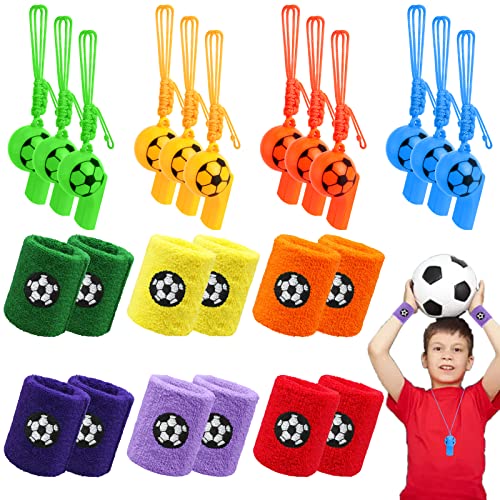 24Pcs Trillerpfeife Schweißband Set,12 Fußball Trillerpfeife Kinder mit 12 Fußball Schweißband Kinder,Plastik Pfeifen Kinder Fußball Party Mitgebsel für Geburtstagsfeier Gastgeschenk Hundetraining Cover