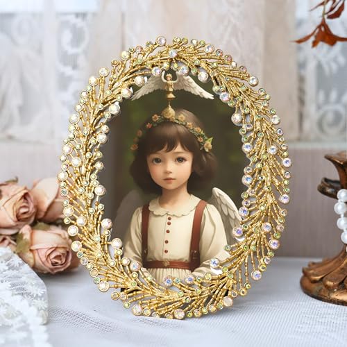 ZIYOO Luxury 3.5x5 Oval Crystal Embellished Gold Picture Frame –Vintage Decorative Frame for Tabletop Display&Home Decor&Gift