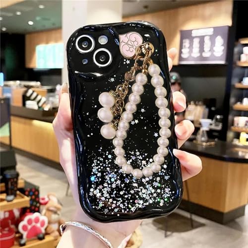 Image of KC Back Cover for iQOO Z10 Lite 5G / Vivo T4 Lite 5G - 3D New Curly Wave Dry Fixed Starry Glitter Pearl Wrist Hanging Chain Shockproof Soft Silicone Camera Protection Case (Black)