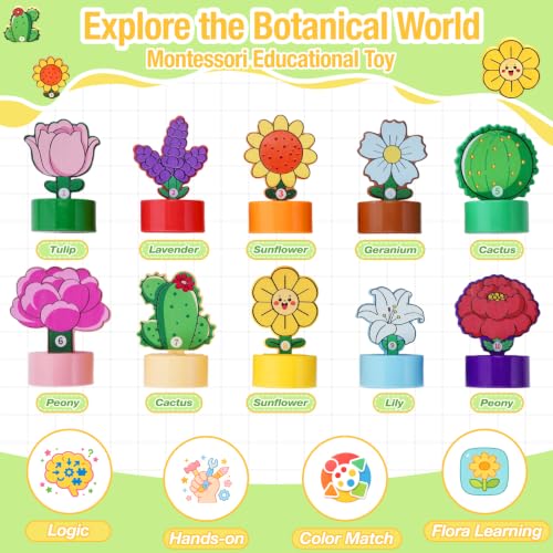 Image of TSYAN Montessori STEM Toys Gift for Toddlers, Bloomy Flora Shape Color Number Sorting Matching Game, Educational Fine Motor Skills Learning Flower Blocks with Storage Tube for Boys Girls 2-4 Year Old