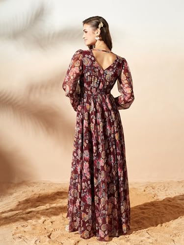 Image of Miss Chase Women's Multicolored-Base-Brown Relaxed Fit Maxi Lurex Chiffon Dress
