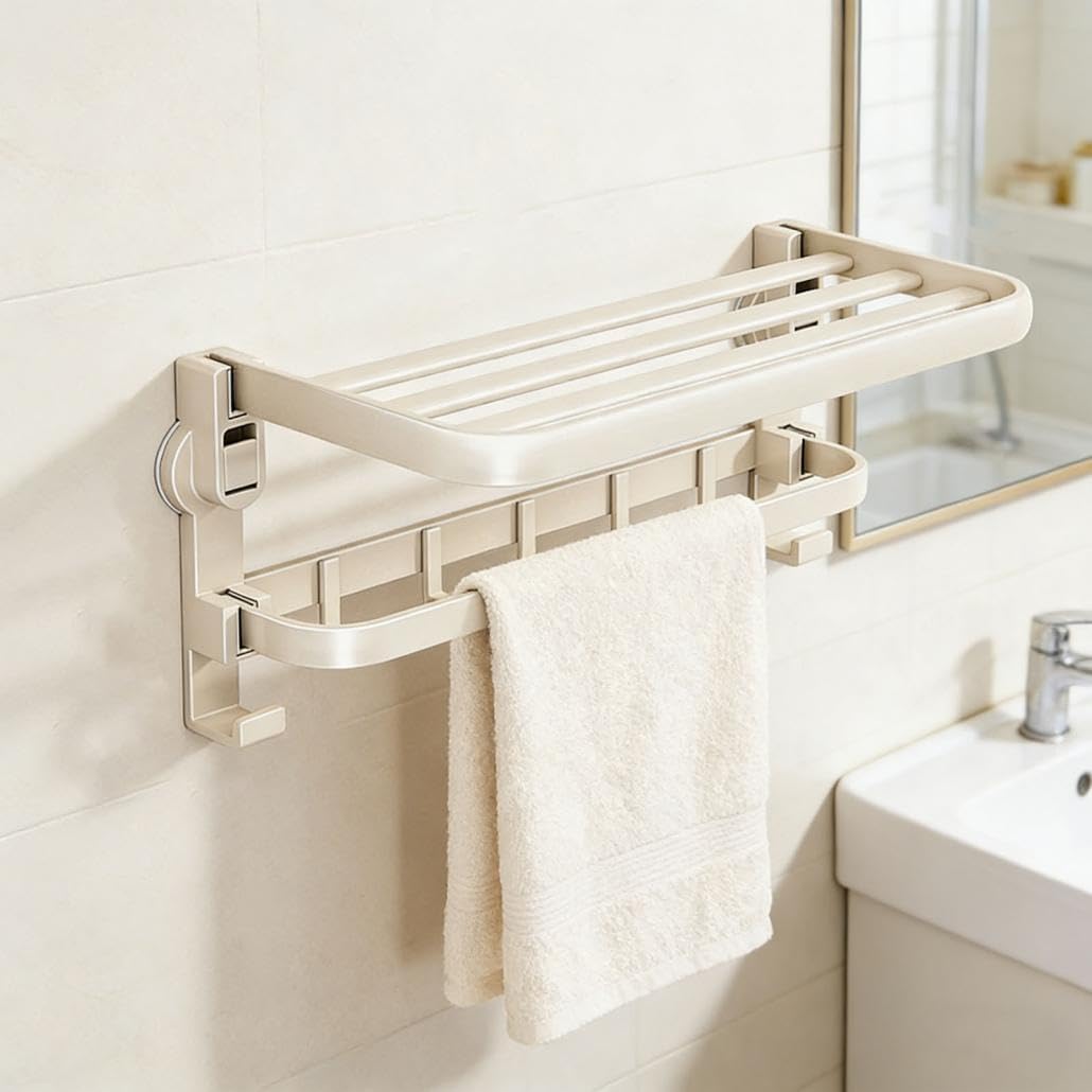 Suction Cup Towel Bar with Towel Bars and Hooks Suction Cup Shower Shelf Foldable Bath Towel Shelf Aluminum Towel Holder Wall Mounted Bath Towels Storage Hanger for Bathroom Kitchen (White_40Cm)