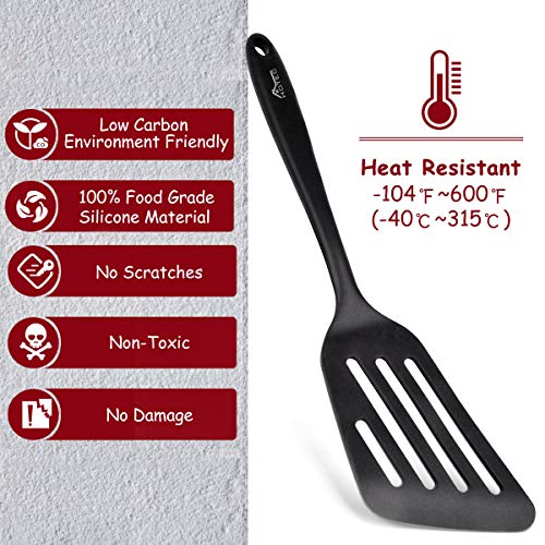 Hotec Pfannenwender-Set aus lebensmittelechtem Silikon, mit Schlitzen, Küchenutensilien zum Backen, Kochen, hitzebeständig, antihaftbeschichtet, starker Edelstahl Kern,Schwarz, 2 Stück 6