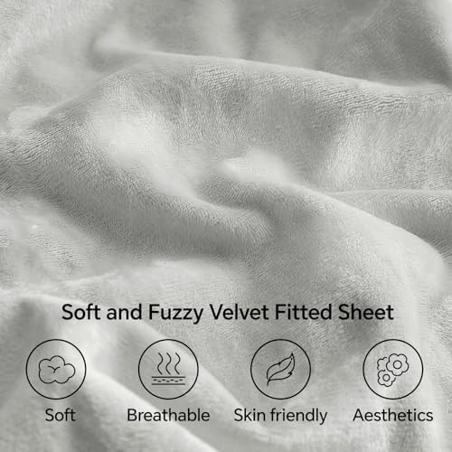 BEDELITE Velvet Fitted Sheet and Pillowcase Set, Luxury Soft Fuzzy Bottom Sheet with Reinforced Elastic Corner Straps, Deep Pocket up to 15 Inch, 1 Fitted Sheet and 1 Pillowcase (Twin XL, Light Grey)