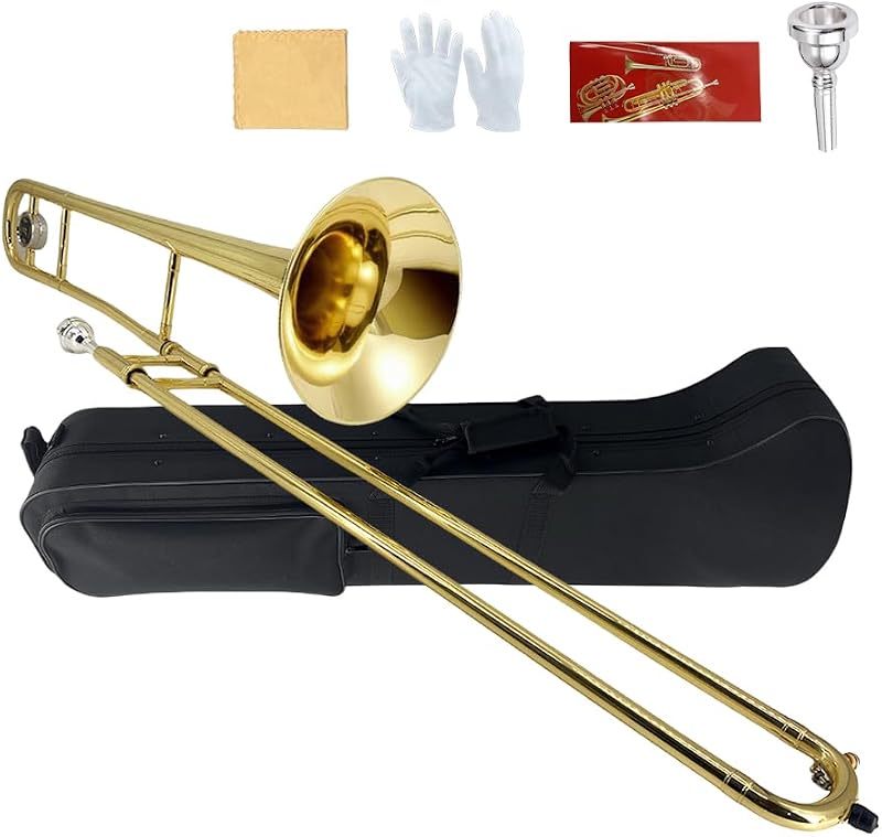 Bb Tenor Slide Trombone B Flat Gold Brass Plated Trombone for Beginners and Adults with Mouthpiece Carrying Case White Gloves Wipe Cloth (gold)