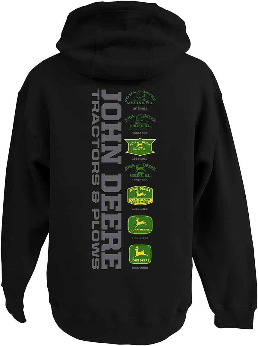 John Deere Logos Through the Years Black Tractors & Plows Hoodie Sweatshirt Sizes M L XL XXL