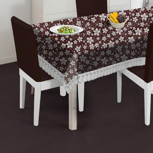 Image of The Furnishing Tree Waterproof PVC Rectangle Shaped 8 Seater Table Cover WxL 60x108 inches Floral Pattern Brown White with White Border lace