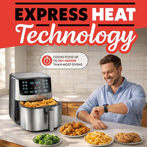 Image of Gourmia Air Fryer Oven Digital Display 8 Quart Large AirFryer Cooker 12 Touch Cooking Presets, XL Air Fryer Basket 1700w Power Multifunction GAF838 Black and stainless steel air fryer