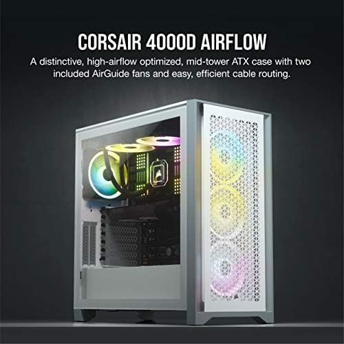 Corsair 4000D Airflow Tempered Glass Mid-Tower ATX Case (High-Airflow Front Panel, Tempered Glass Side Panel, RapidRoute Cable Management System, Spacious Interior, Two Included 120 mm Fans) White