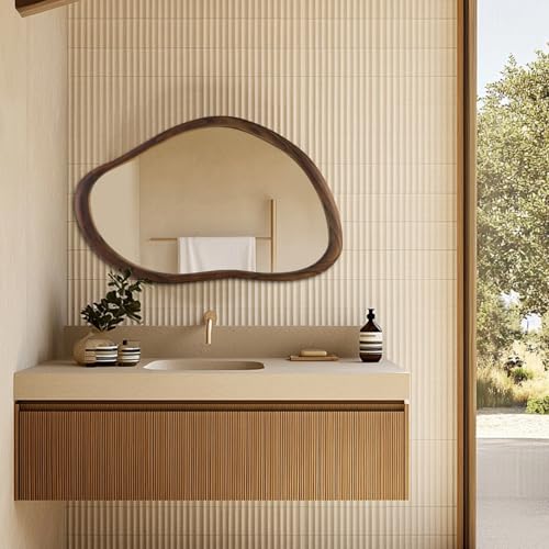 TheiaMo 35"x24" Wood Bathroom Mirror Wall Mounted, Dark Walnut Irregular Wall Mirror, Rustic Farmhouse Vanity Mirror for Bedroom Living Room Bathroom Entryway, Horizontal/Vertical