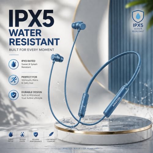 Image of Kratos Blue Bluetooth Neckband with 55H Playtime, Deep Bass, Stereo Sound, HD Calls, Magnetic Earbuds, Voice Assistant, Type-C Fast Charging, Rich Audio, Hollow Switch for Comfort & Style