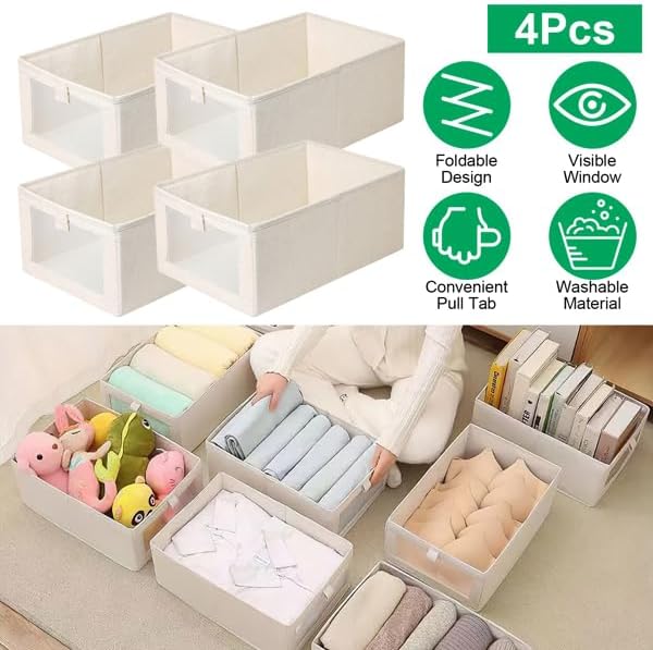 4Pcs Foldable Closet Storage Bins,16.14x10.82x6.49in Closet Storage Baskets with Clear Window, Washable Linen Fabric Storage Baskets for Clothes Organization