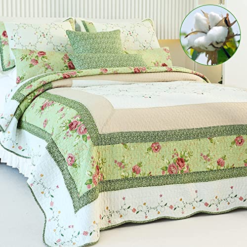 Evenhug 100% Cotton Quilt Queen Size Bedding Set Floral Lightweight Quilt Reversible Coverlet Bedspread With Pillow Shams All Seasons 3 Pieces (White&Green, Queen) #TOP5