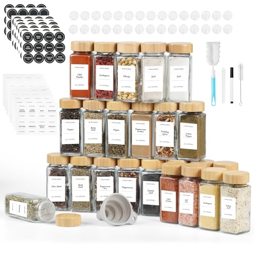 FRIBERG Pot a epices Carré En Verre,120ml,Avec Couvercle En Bois,lot de 24,pots à épices de cuisine,entonnoir inclus, brosse de nettoyage, stylo et...