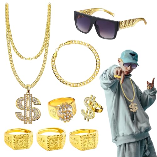 #Commissioniguadagnate<br>9 Pezzi Costume da Hip Hop Set Accessori Hip Hop Anni '80 '90 Accessori con Catena d'oro da Uomo Costume da Rapper Collana Dollaro Ring Occhiali da Sole Dollari per Carnevale Halloween