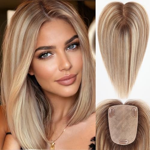 HAIRCUBE menschliches Haar Toppers für Frauen Echtes menschliches Haar Keine Bangs 4 * 5 5 Zoll Basis 12 Zoll Braun mit blondem Highlight HairTopper für Frauen mit verdünnender Haar