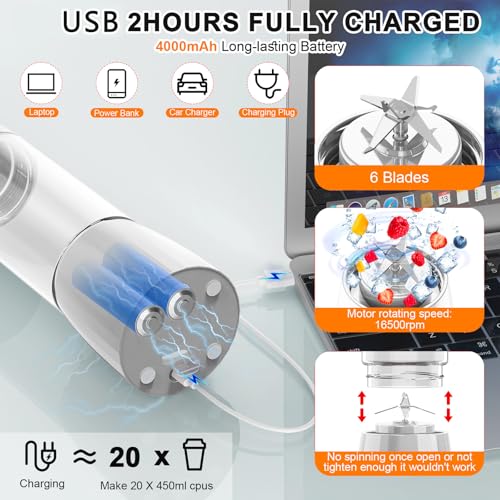 Image of Popbabies Portable blender for smoothie and juices, 450ML Ice Crushing, blender smoothie juice, Pulse Mode Feature, 4000mAh, USB Waterproof Charging Port, Food Grade Jar, 6 Sharp Blade (White)