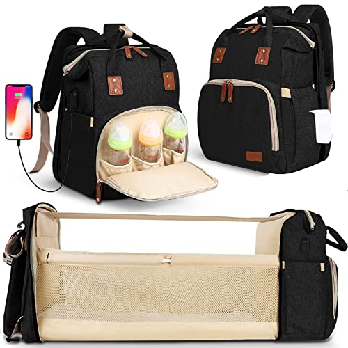 Image of HKZ Diaper Bag Backpack 5 in 1 Baby Diaper Bags for Girls and Boys,Travel Foldable Baby Multifunction Large Capacity Baby with USB Charging Port,Waterproof (Black)