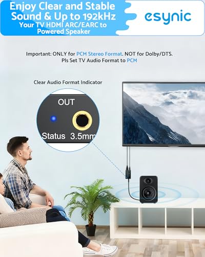 Image of eSynic Professional eARC /ARC Audio Extractor-Plug & Play-Ultra Long 7ft Cable-Portable 192KHZ ARC to RCA & 3.5MM Aux Adapter- USB Power-from HDTV ARC /eARC to 3.5MM Headphone & L /R Stereo Audio System