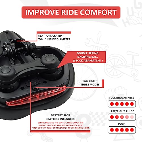 Comfortable Bicycle Seat for Men and Women, Bike Seat with Dual Shock Absorbing Ball, Thick Memory Foam and Tail Light, Suitable for Mountain Bike, Road Bike and Exercise Bike