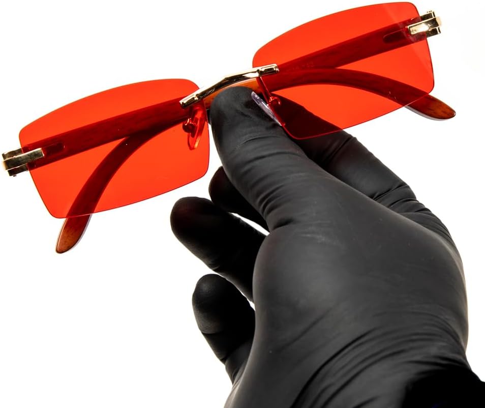 Rimless Gold Frame Vintage Designer Buffs Woodgrain Arm Red Lens Sun Glasses Unisex Hip Hop Rectangle Sunglasses For Men Women Square Retro 90s Old School Gangster Frameless Shades - Image 4