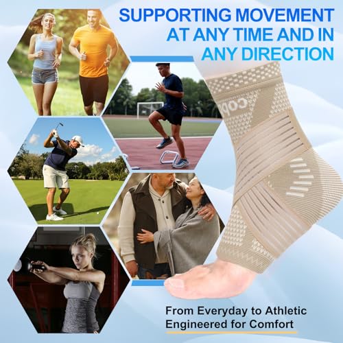 Image of LISEPWU Copper Ankle Brace with Adjustable Compression Bandage, Ankle Support Compression Sleeve for Men & Women, for Foot Pain, Sprained Recovery, Achilles Tendonitis, Sports Protection(Skin Tone L)