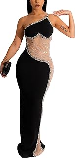 Women's Sexy Party Dresses Rhinestone One Shoulder Mesh Bodycon Club Maxi Dress