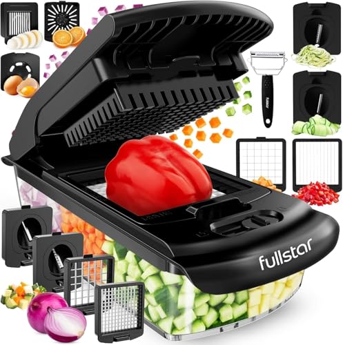 Fullstar Vegetable Chopper & Cutter - Slicer Dicer Spiralizer with Container for Food Veg Onion Cucumber Tomato Salad Potato French Fry - Kitchen Gadgets & Accessories (PRO 9-in-1, Black)