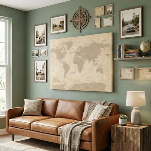 Image of Vintage Canvas Travel Pin Map of the World - Extra Large Antique Style World Map with Pins - Personalized Framed Wall Art - Gallery Wrap - 34 inch x 51 inch