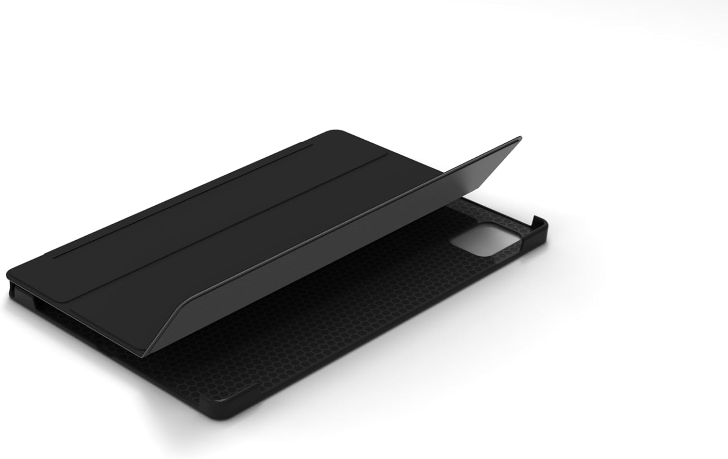 Packard Bell Silverstone T18 tablet being inserted into its black folio cover, showing the textured interior of the cover.