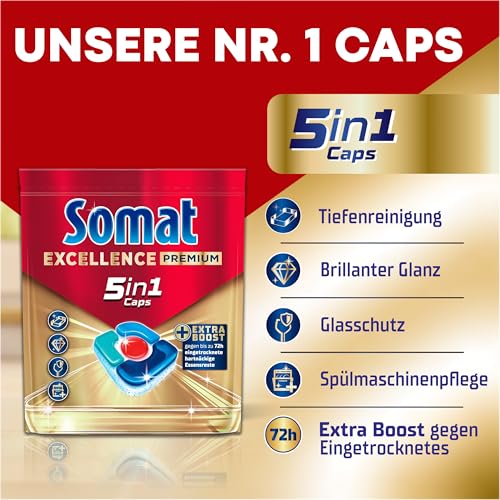 SOMAT Excellence Premium 5in1 Caps (75), schnellauflösende Spülmaschinentabs mit Extra Boost auch im Niedrigtemperatur-, Kurz- & Eco-Programm, entfernen selbst 72 h eingetrocknete Essensreste 2
